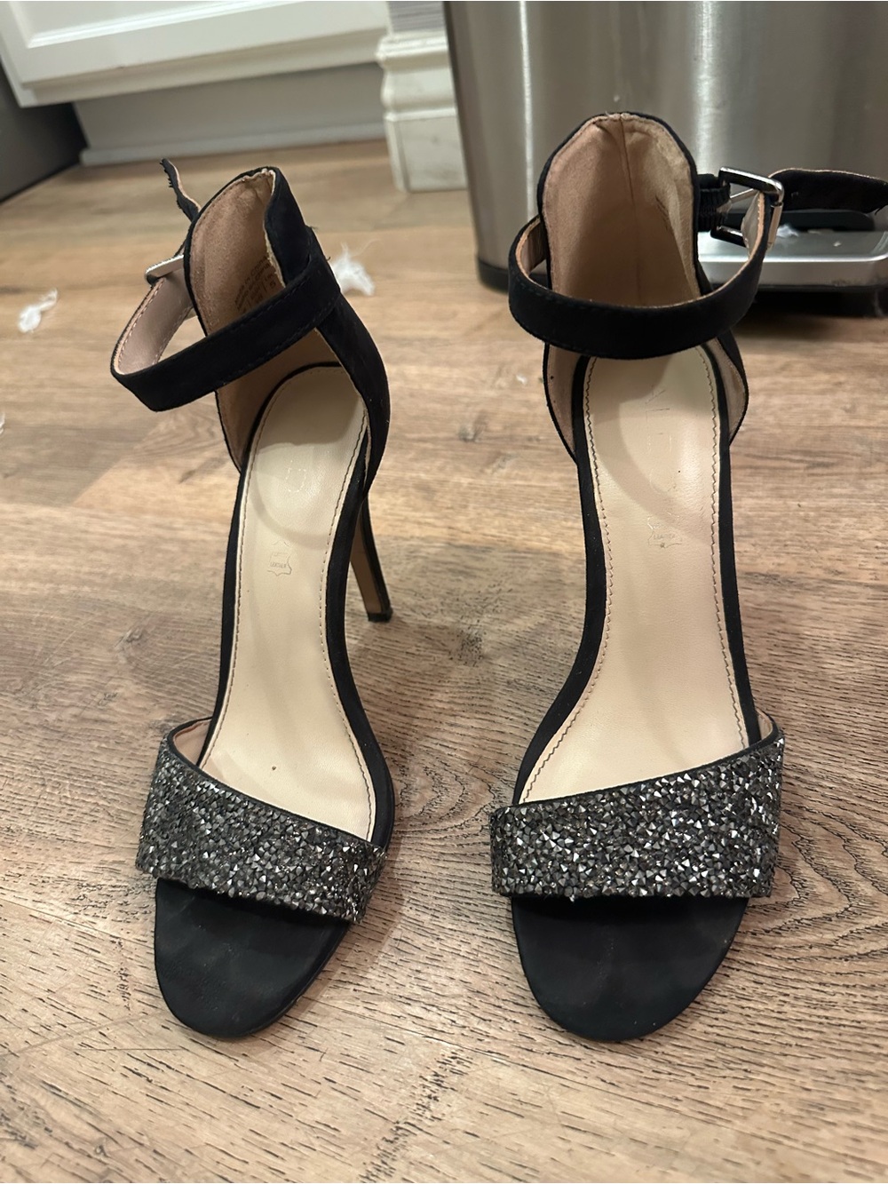 Aldo Black Ankle-Strap Heels with Silver Glitter Toe Band - Picture 9 of 9